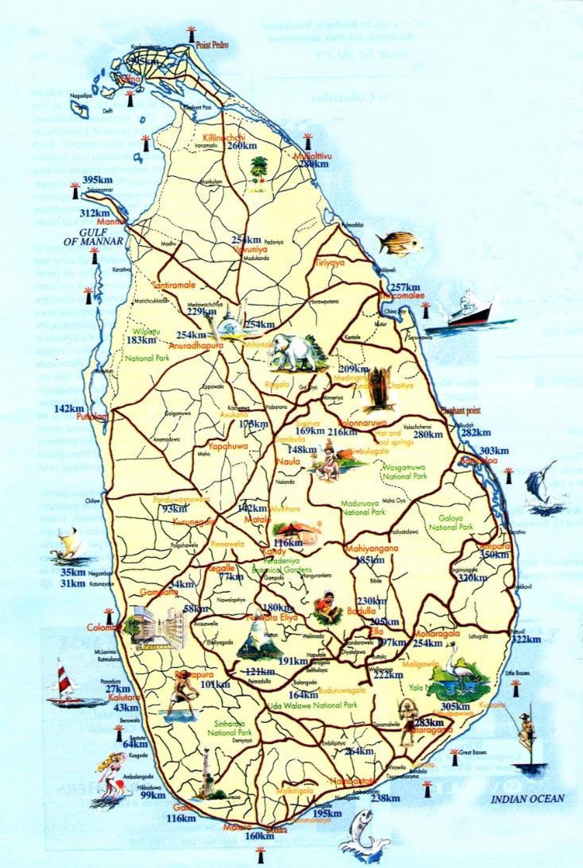 hartën turistike të Sri Lanka me qytetet