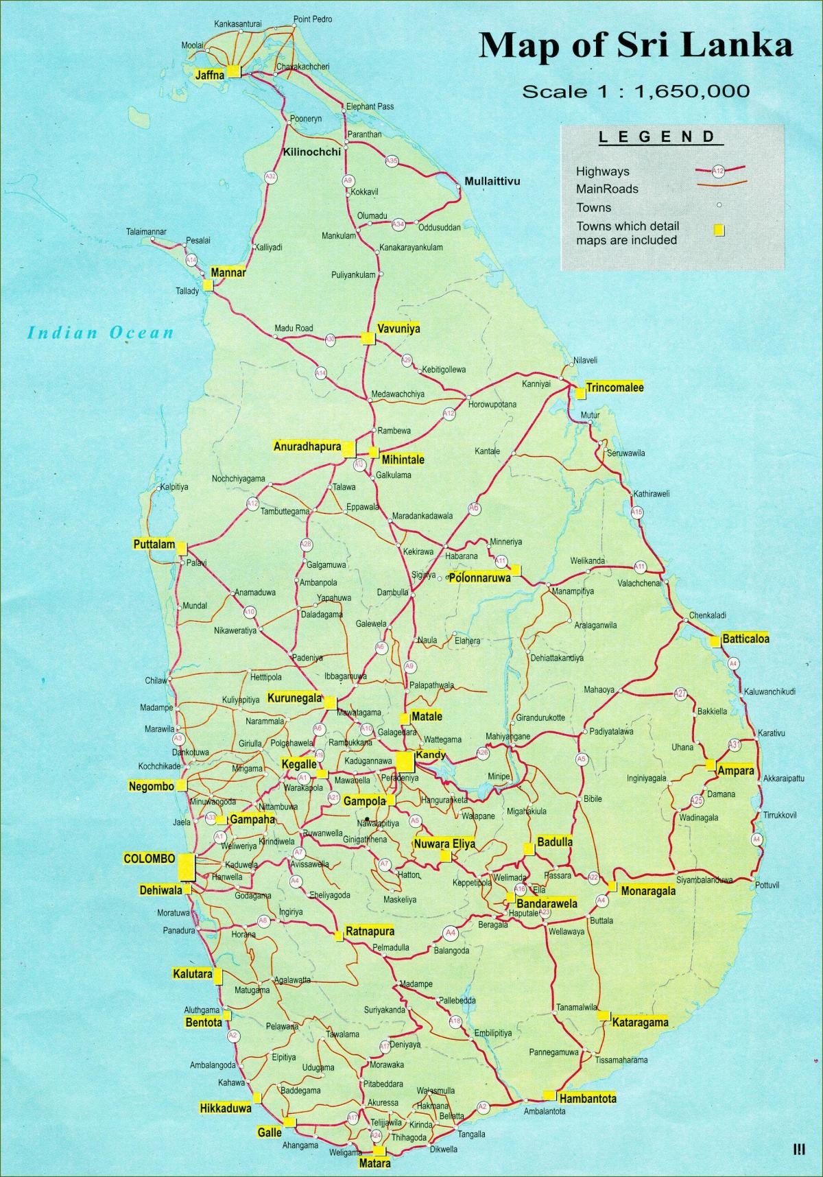harta e hartën turistike të Sri Lanka me rrugën