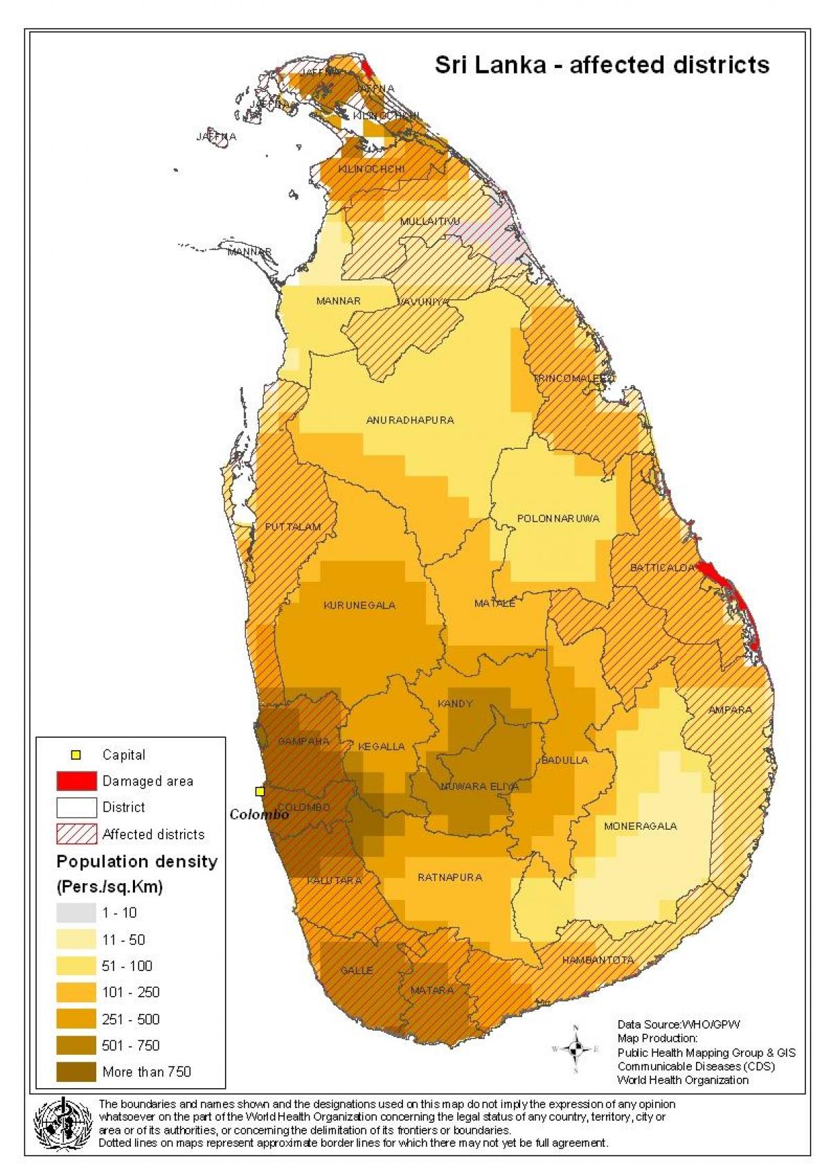 harta e Sri Lankan dendësia e popullsisë