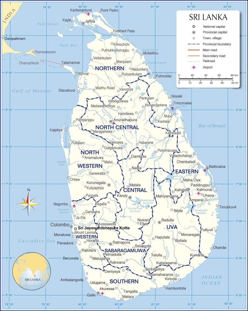 harta e aeroportet ndërkombëtare në Sri Lanka