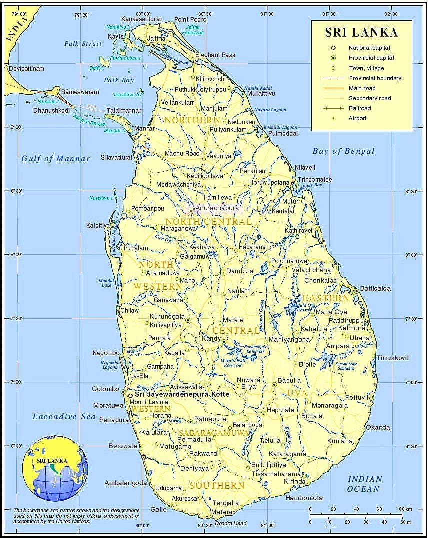 harta e liqeneve në Sri Lanka
